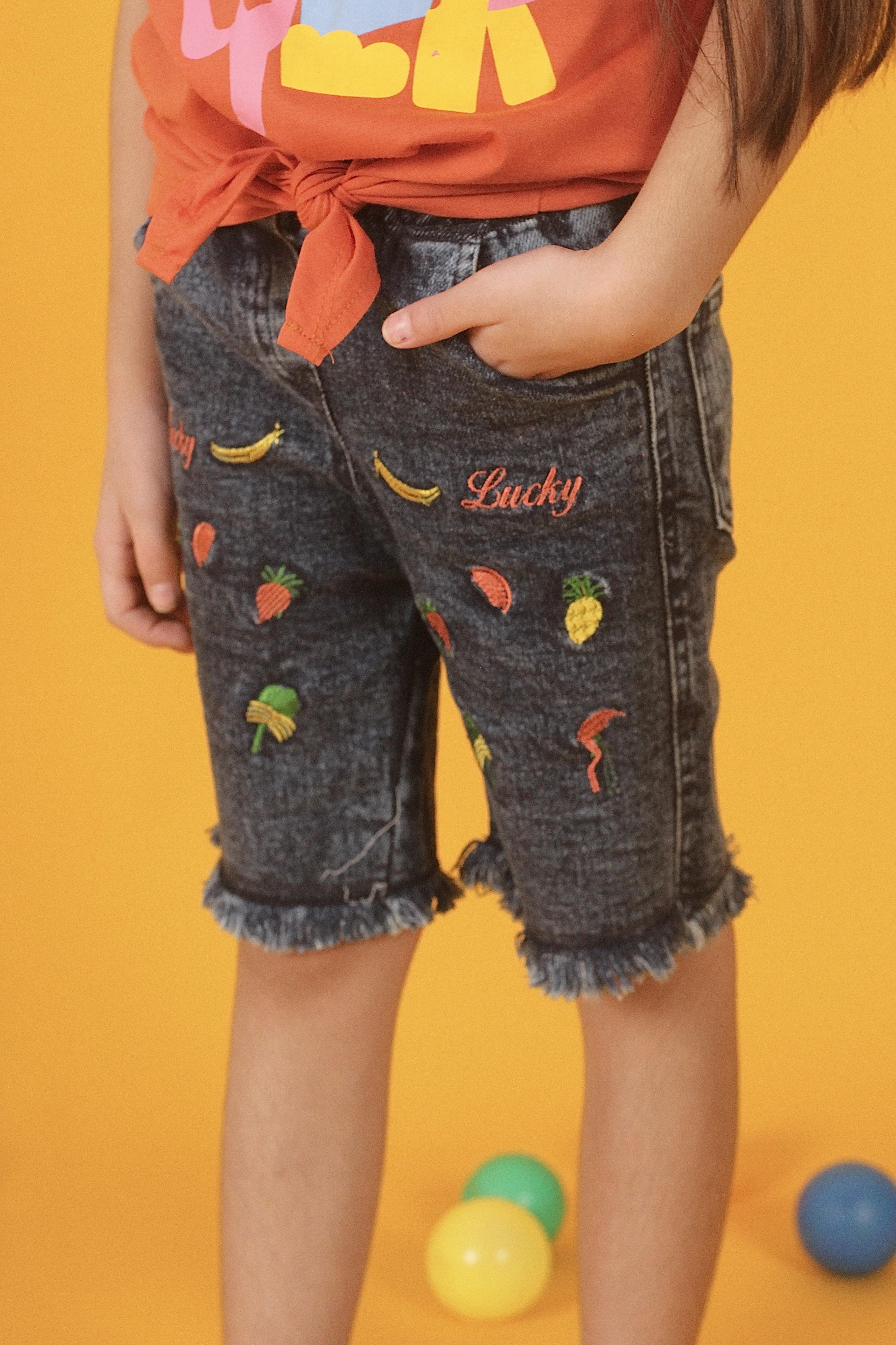 Blue denim embroidered shorts girl