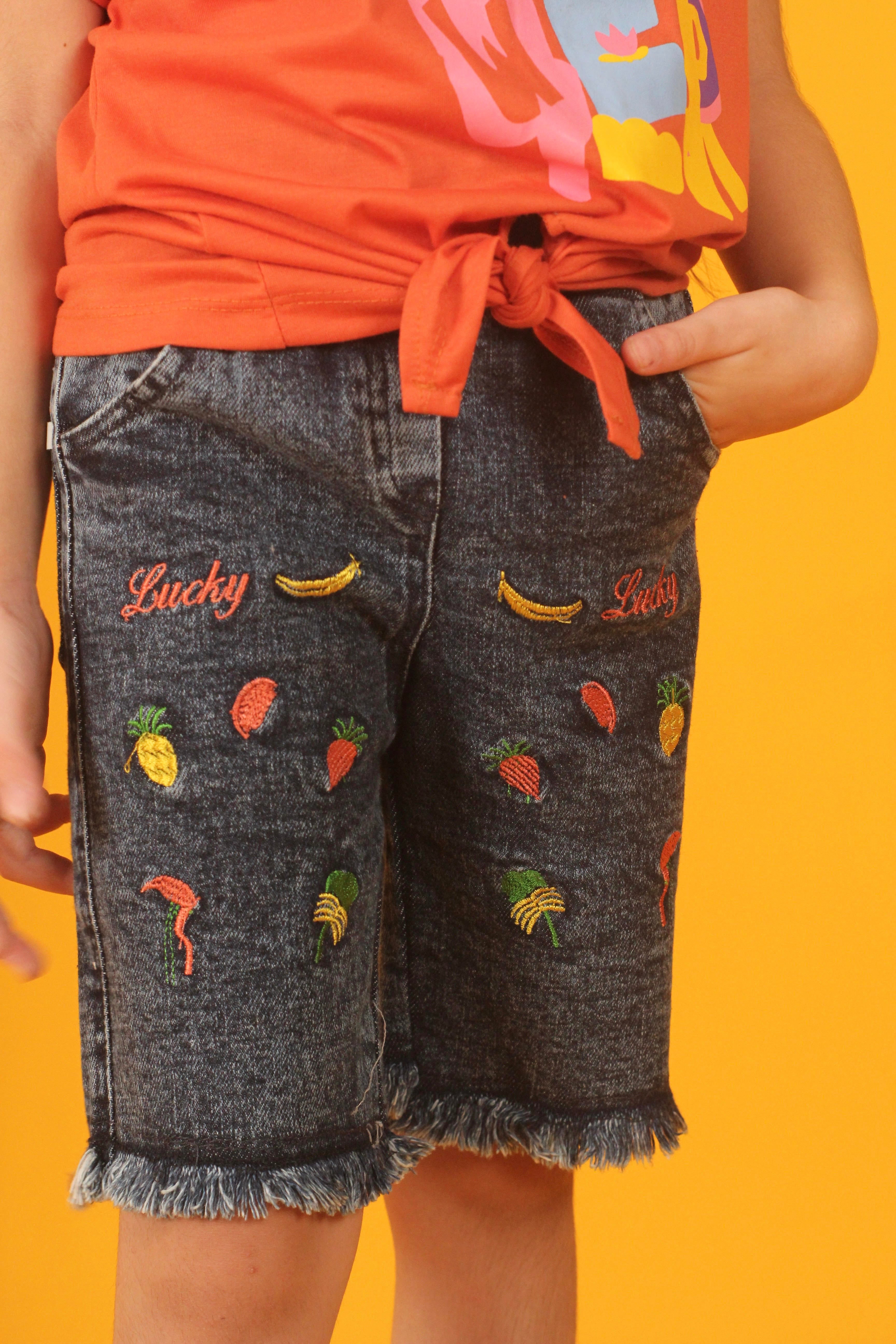Blue denim embroidered shorts girl